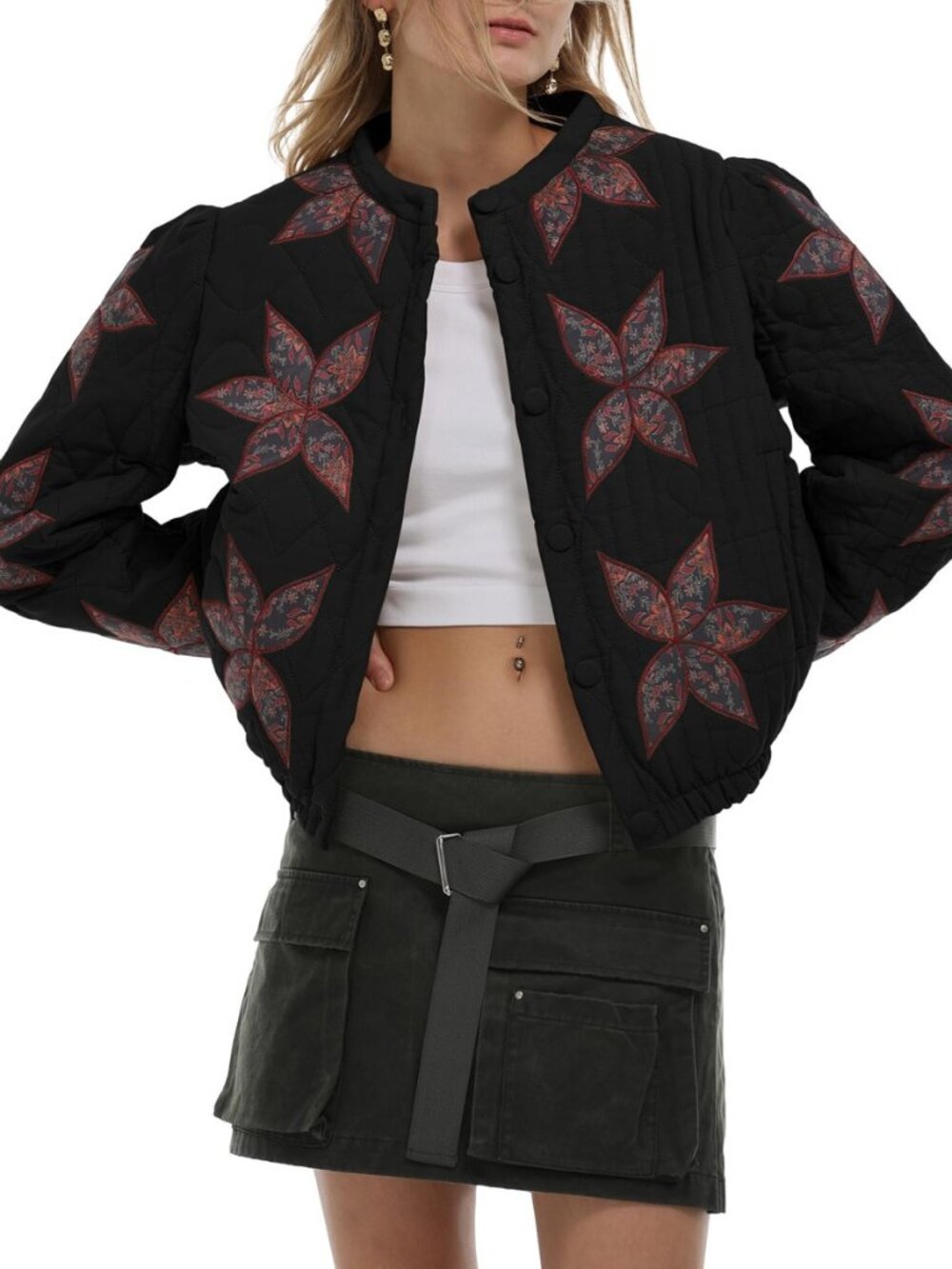Women Lightweight Floral Embroidered Quilted Jacket Winter Coat